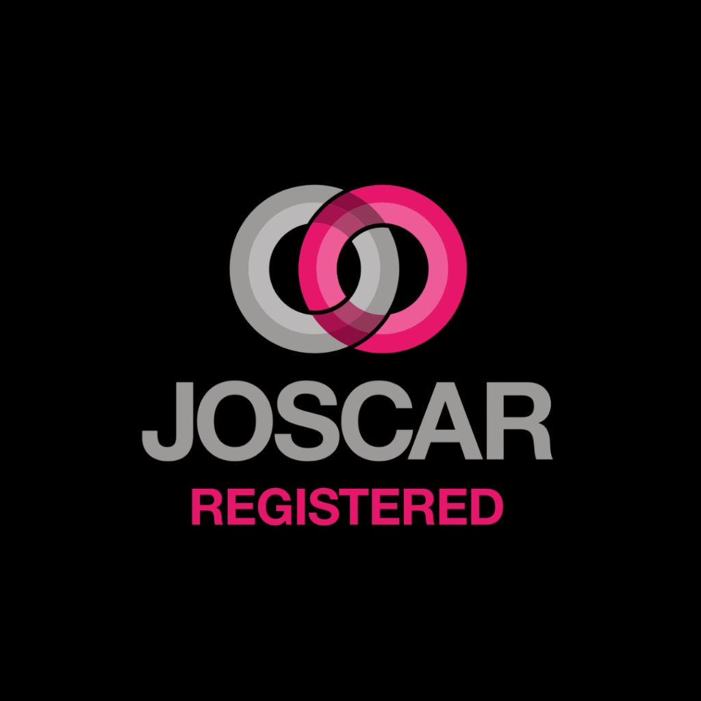 JOSCAR Registered logo: interlocking gray and pink rings above the word JOSCAR in gray with REGISTERED in pink on a black background