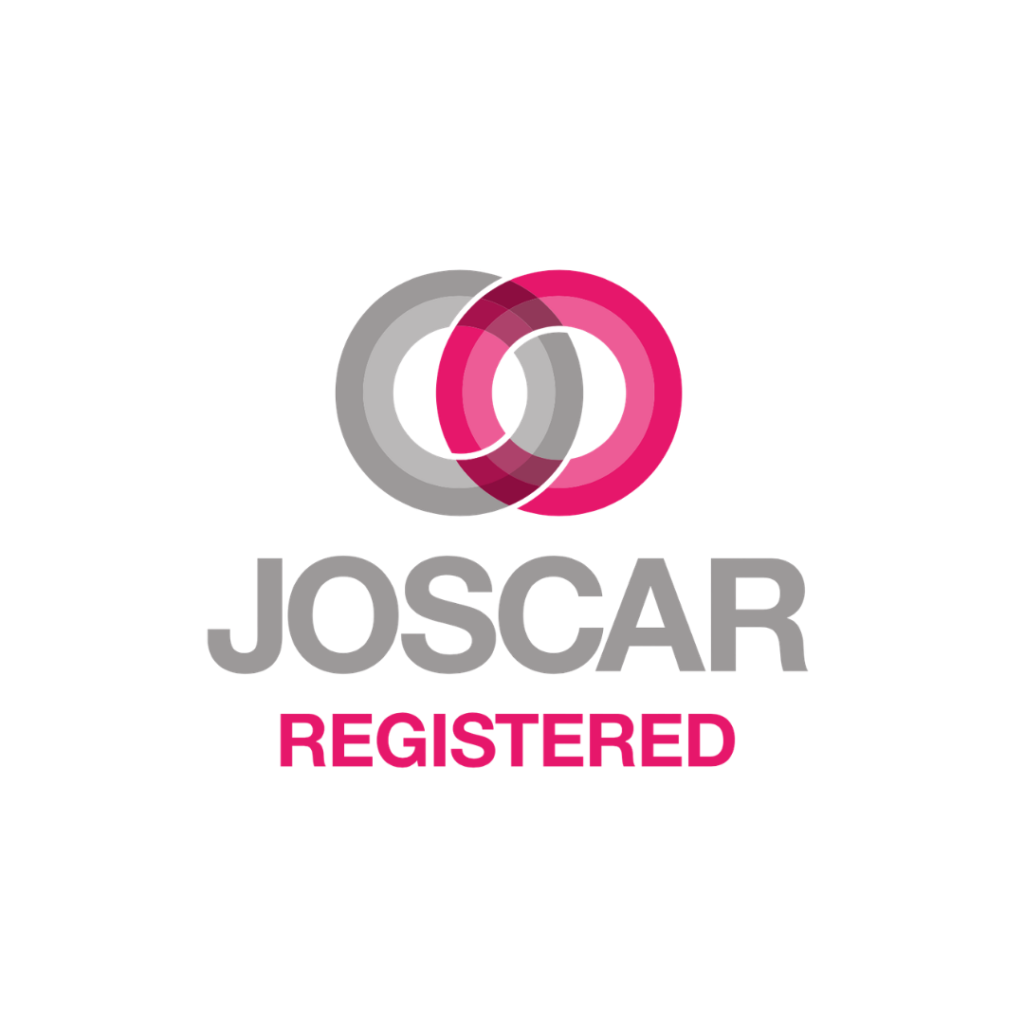 JOSCAR logo with overlapping gray and pink rings and the text JOSCAR above the pink REGISTERED label