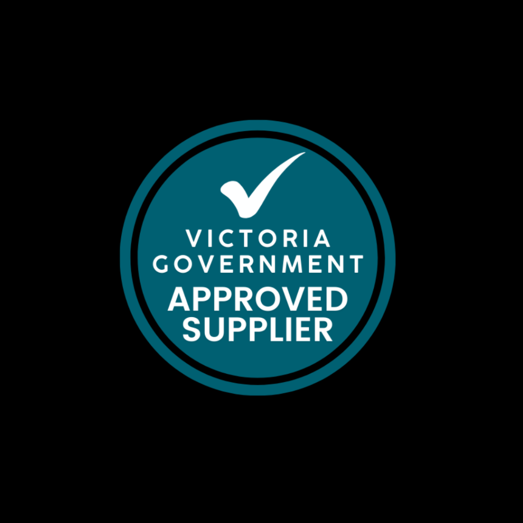 Teal circular badge with a white checkmark and the words 'VICTORIA GOVERNMENT APPROVED SUPPLIER' in white text on a black background.