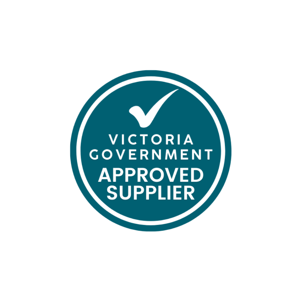 Circular Victoria Government Approved Supplier badge with teal background and white checkmark, indicating approved supplier status