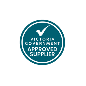 Circular Victoria Government Approved Supplier badge with teal background and white checkmark, indicating approved supplier status