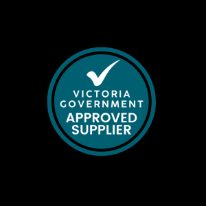 Teal circular badge with a white checkmark and the words 'VICTORIA GOVERNMENT APPROVED SUPPLIER' in white text on a black background.