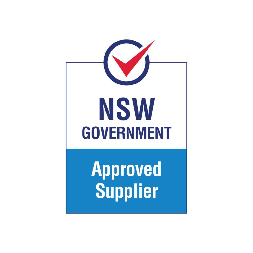 NSW Government Approved Supplier badge with blue border and red checkmark on white and blue background