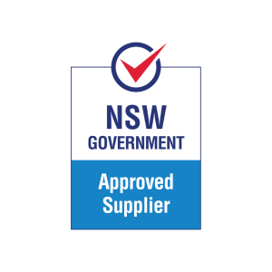 NSW Government Approved Supplier badge with blue border and red checkmark on white and blue background