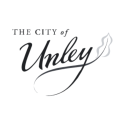 The City of Unley logo featuring elegant script for 'Unley' with a decorative leaf motif on the right side.