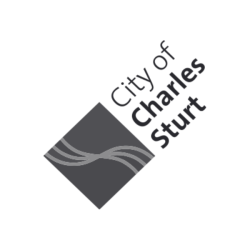 City of Charles Sturt logo: a dark diamond with wavy lines and the text 'City of Charles Sturt' arranged diagonally